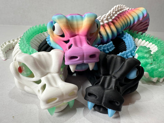 3D Printed Articulating Skeleton Snake – Poseable Serpent Model – Glow in Dark or Rainbow Gradient