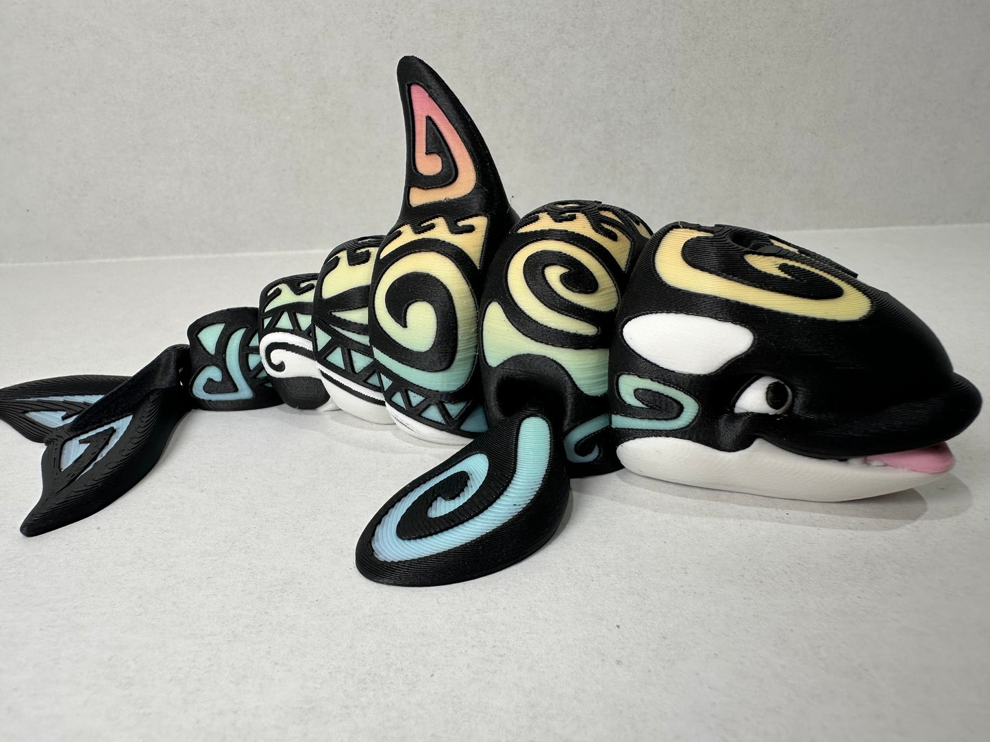3D Printed Tattooed Orca – 7" Poseable Whale – Glow/Rainbow – Ocean Decor – Fidget