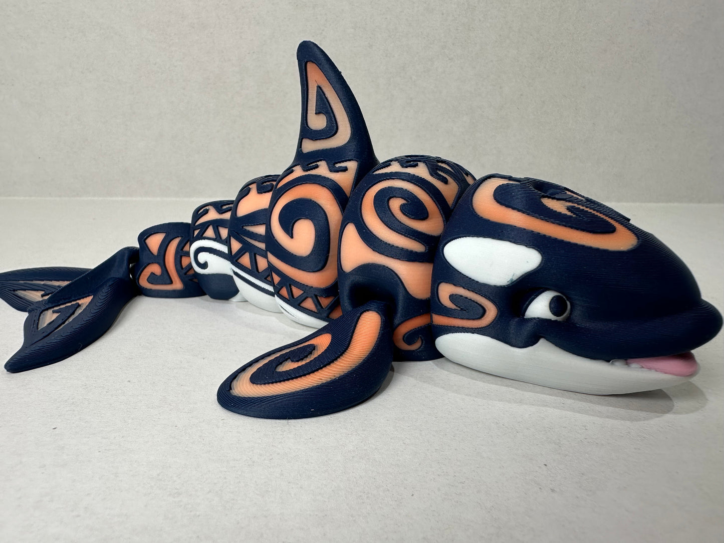3D Printed Tattooed Orca – 7" Poseable Whale – Glow/Rainbow – Ocean Decor – Fidget