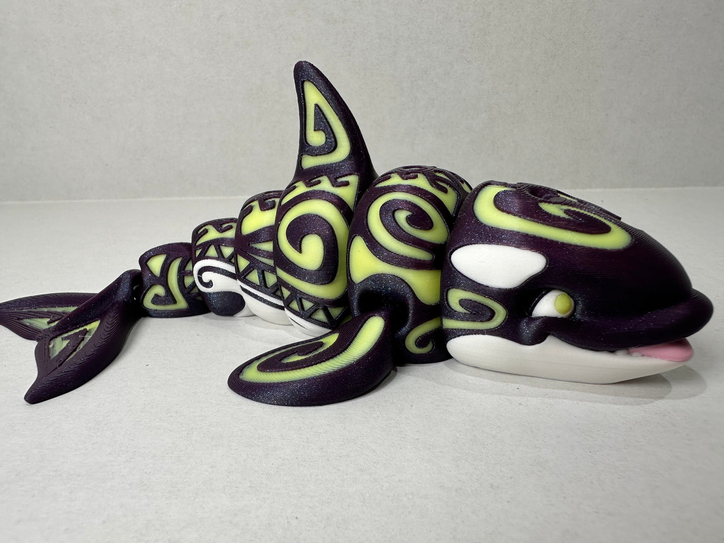 3D Printed Tattooed Orca – 7" Poseable Whale – Glow/Rainbow – Ocean Decor – Fidget