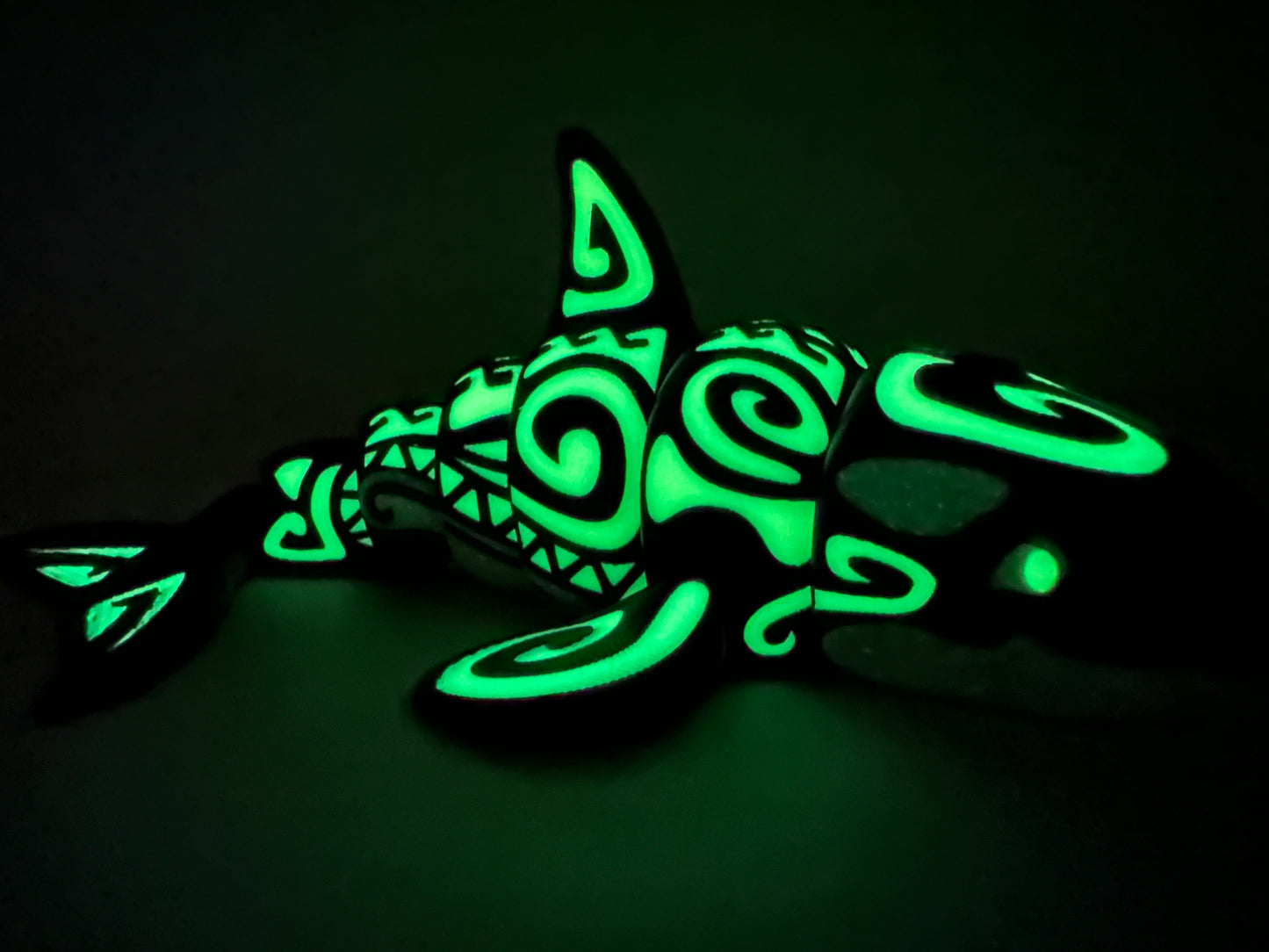 3D Printed Tattooed Orca – 7" Poseable Whale – Glow/Rainbow – Ocean Decor – Fidget
