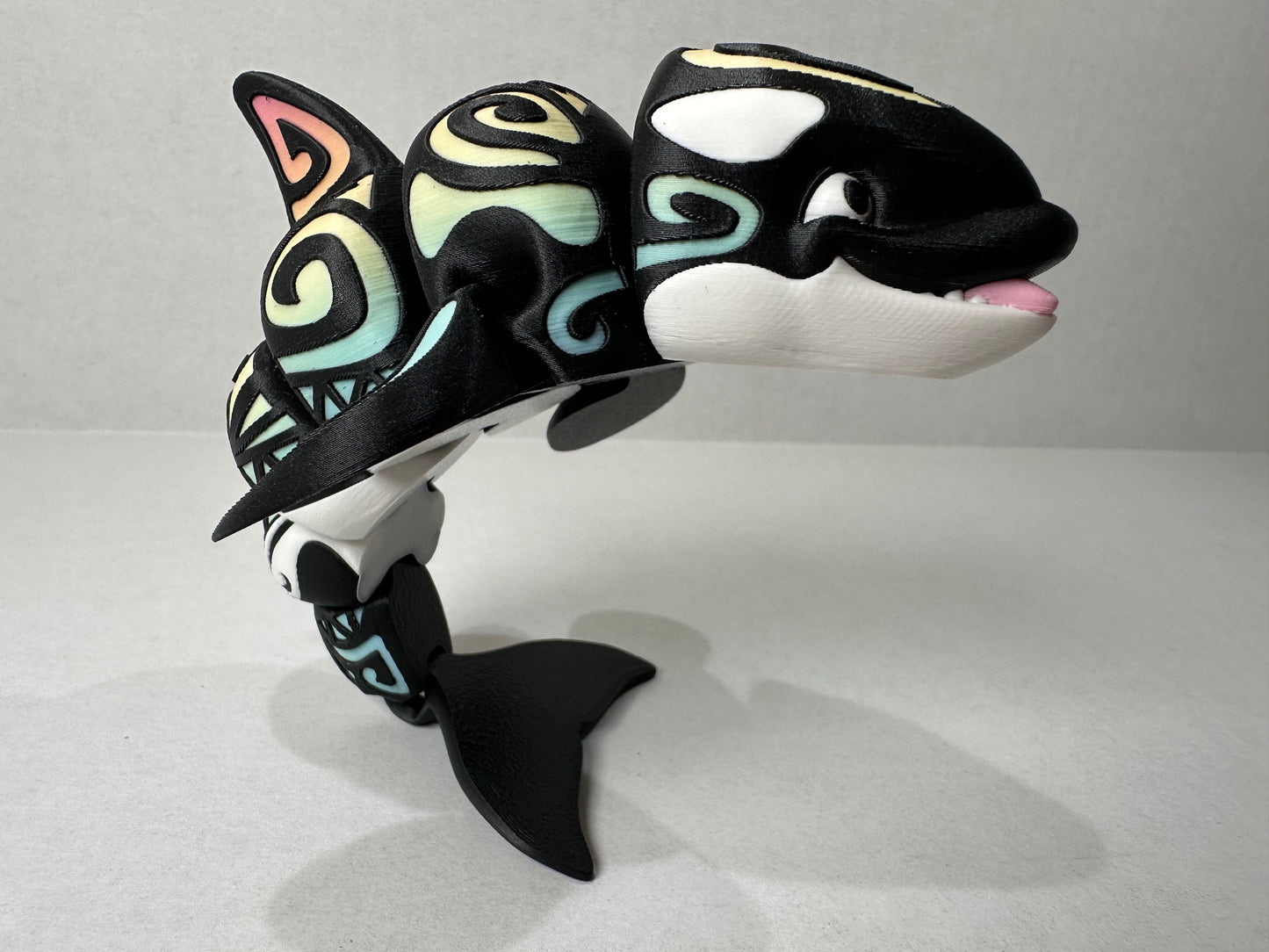 3D Printed Tattooed Orca – 7" Poseable Whale – Glow/Rainbow – Ocean Decor – Fidget