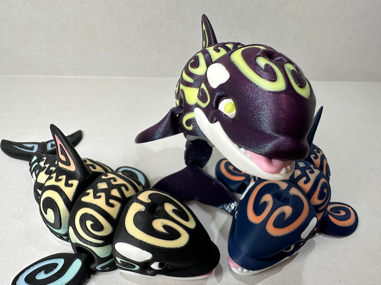 3D Printed Tattooed Orca – 7" Poseable Whale – Glow/Rainbow – Ocean Decor – Fidget