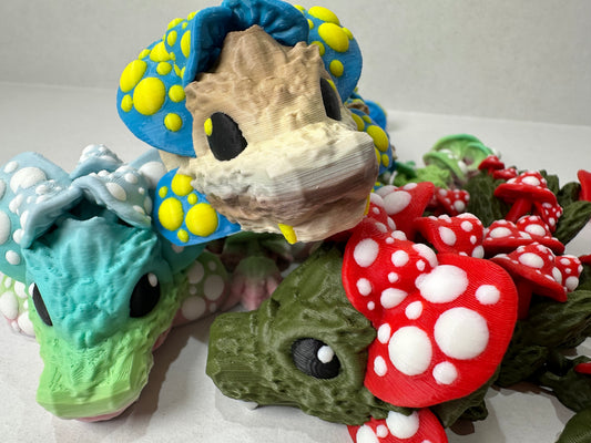 Articulating Mushroom Dragon – 9" 3D Printed Fantasy Creature – Glow, Cappuccino, or Macaron Rainbow Finish
